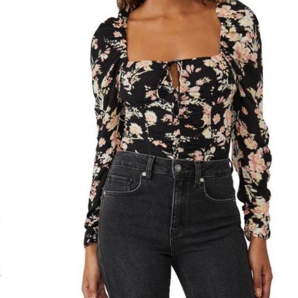 Black and pink floral print free people long sleeve top blouse